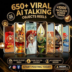 Puede incluir: Imagen promocional con seis smartphones con marcos dorados, cada uno mostrando personajes animados. El texto "650+ VIRAL AI TALKING OBJECTS REELS" está en la parte superior. El texto adicional incluye "+1000 FACELESS BONUS VIDEOS" y "START POSTING TODAY".