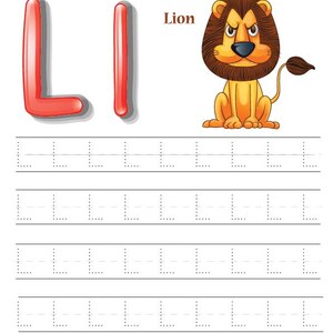 May include: Educational worksheet for letter tracing. The image features the letter "L" in red, a cartoon lion, and dotted lines for tracing practice. The word "Lion" is also present.