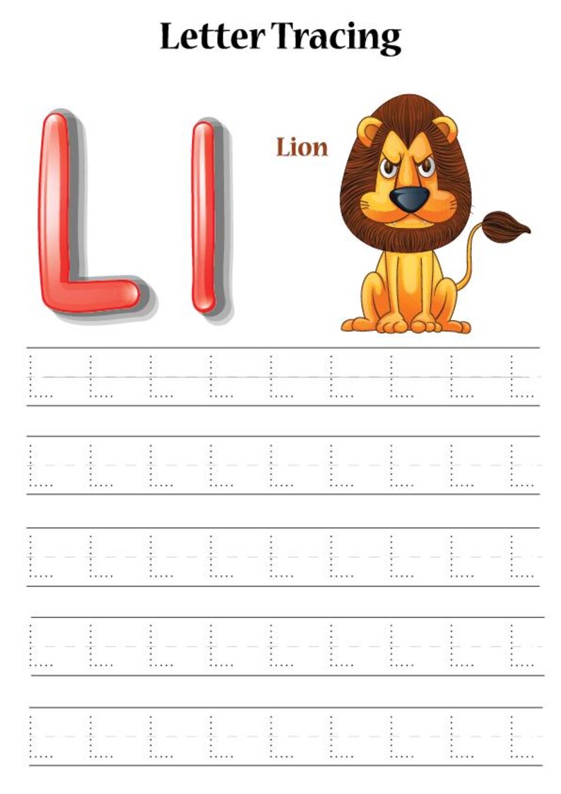 May include: Educational worksheet for letter tracing. The image features the letter "L" in red, a cartoon lion, and dotted lines for tracing practice. The word "Lion" is also present.