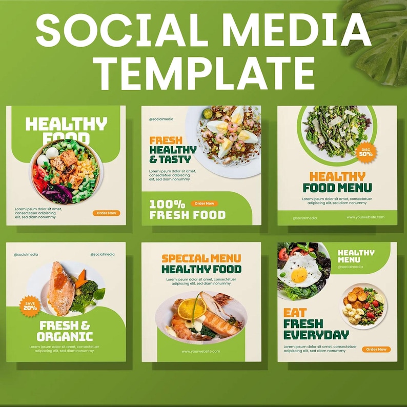 May include: A social media template with a green and white color scheme. The template features images of healthy food dishes, with text overlays such as "Healthy Food," "Fresh & Tasty," and "Eat Fresh Everyday."