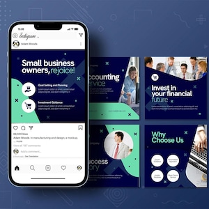 May include: A smartphone displays an Instagram post with the text "Small business owners, rejoice!" and other business-related graphics. The post includes the text "Goal Setting and Planning" and "Investment Guidance."