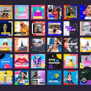 May include: A grid of colorful social media posts with text and images. The posts feature various themes, including fashion, marketing, and lifestyle. Each square has a unique design with bold colors and text overlays.