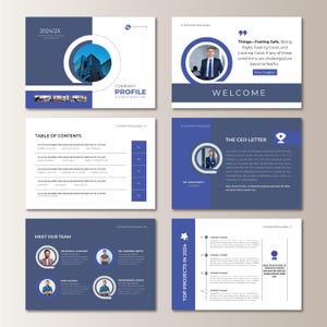 May include: A company profile brochure with a modern design. The cover features a blue and white color scheme with the text "Company Profile" and "2024/25". Inside, there are pages for the table of contents, welcome message, CEO letter, team introductions, and project details.