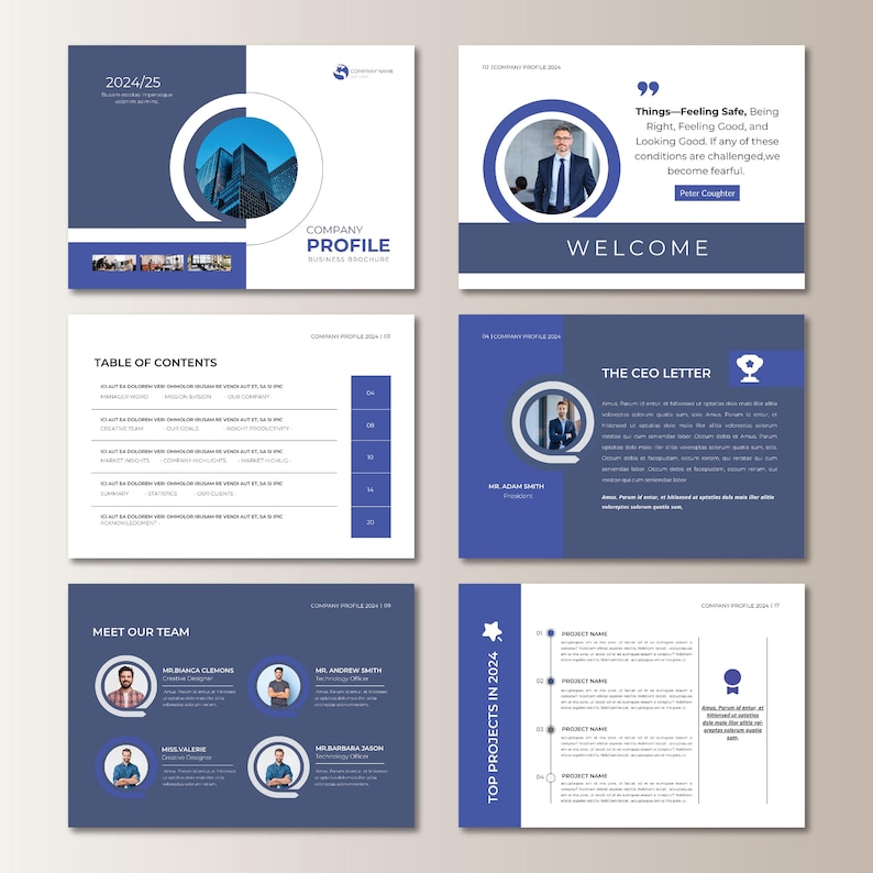 May include: A company profile brochure with a modern design. The cover features a blue and white color scheme with the text "Company Profile" and "2024/25". Inside, there are pages for the table of contents, welcome message, CEO letter, team introductions, and project details.