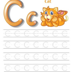 May include: A letter tracing worksheet featuring the uppercase and lowercase letter "C" in orange. The word "Cat" is above a cartoon orange cat. Dotted lines provide guidance for tracing the letter "C". The title "Letter Tracing" is at the top.
