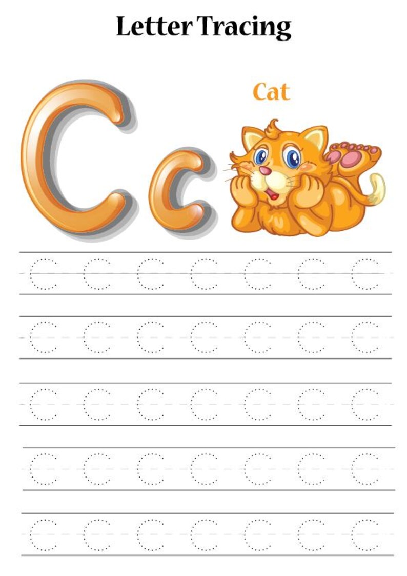 May include: A letter tracing worksheet featuring the uppercase and lowercase letter "C" in orange. The word "Cat" is above a cartoon orange cat. Dotted lines provide guidance for tracing the letter "C". The title "Letter Tracing" is at the top.