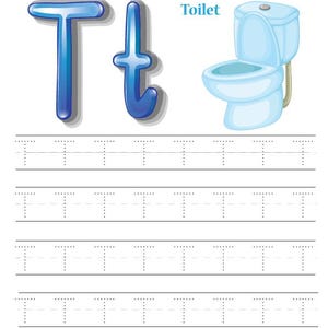 May include: A letter tracing worksheet featuring the uppercase and lowercase letter "T" in blue, along with a cartoon illustration of a blue toilet. The worksheet includes dotted lines for tracing the letter "T". The title "Letter Tracing" is at the top.