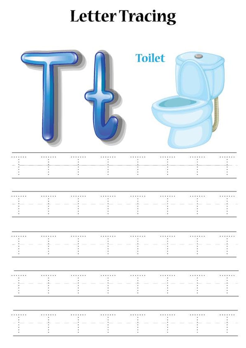 May include: A letter tracing worksheet featuring the uppercase and lowercase letter "T" in blue, along with a cartoon illustration of a blue toilet. The worksheet includes dotted lines for tracing the letter "T". The title "Letter Tracing" is at the top.