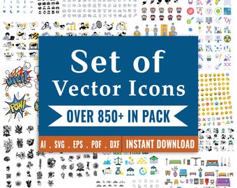 May include: A collection of vector icons in various styles, including arrows, people, and symbols. A blue rectangle in the center displays the text "Set of Vector Icons" and "OVER 850+ IN PACK". Formats include AI, SVG, EPS, PDF, and DXF.