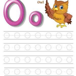 May include: A letter tracing worksheet featuring the uppercase and lowercase letter "O" in a vibrant pink hue. An illustration of an owl accompanies the letter, with dotted lines for tracing practice. The title "Letter Tracing" is at the top.
