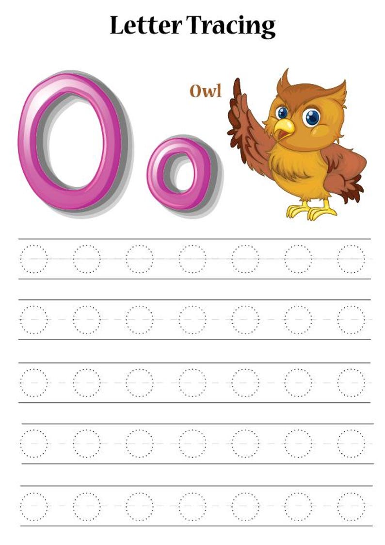 May include: A letter tracing worksheet featuring the uppercase and lowercase letter "O" in a vibrant pink hue. An illustration of an owl accompanies the letter, with dotted lines for tracing practice. The title "Letter Tracing" is at the top.