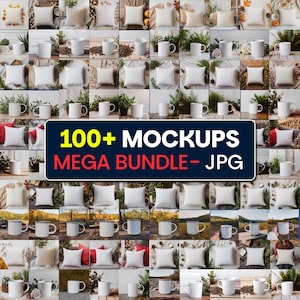 Puede incluir: Una cuadrícula de maquetas con tazas y cojines blancos, con varios fondos. La imagen incluye el texto "100+ MOCKUPS MEGA BUNDLE - JPG" en una pancarta azul y blanca. Las tazas y cojines están dispuestos con elementos decorativos.