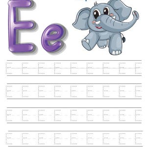 May include: A letter tracing worksheet featuring the letter "E" in purple, with a cartoon elephant illustration. The worksheet includes dotted lines for tracing the letter "E" multiple times. The title "Letter Tracing" is at the top.
