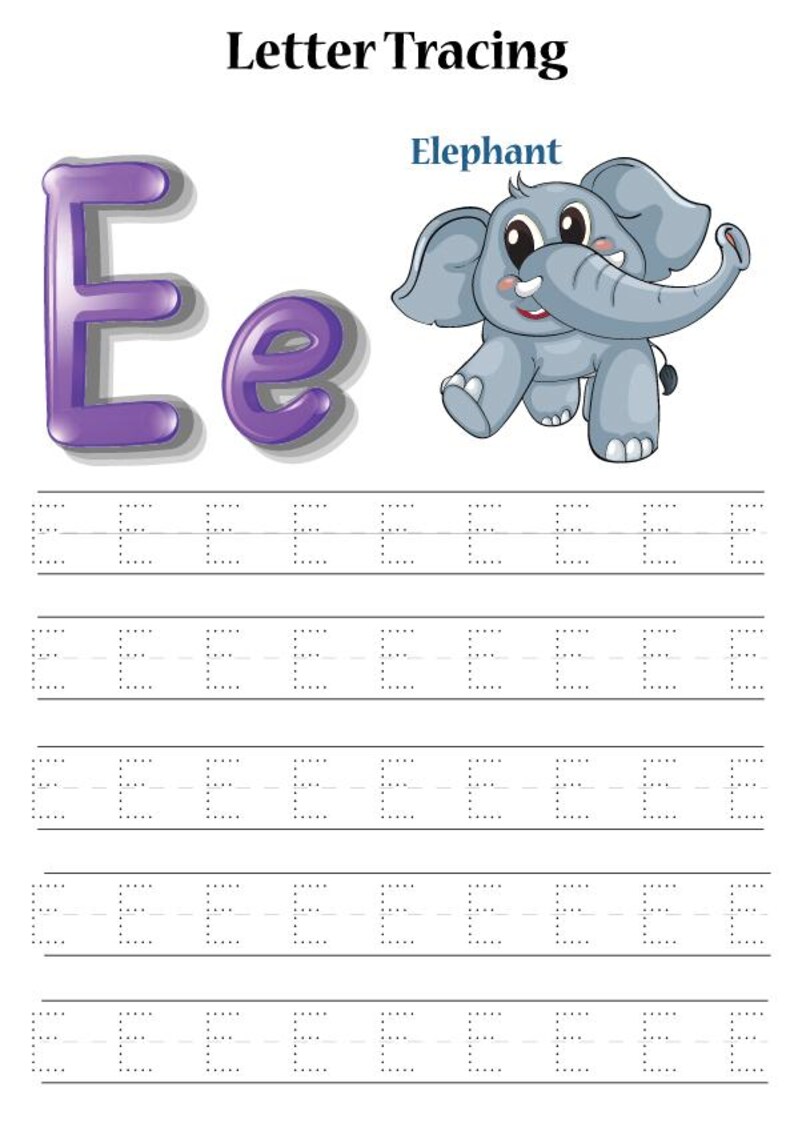 May include: A letter tracing worksheet featuring the letter "E" in purple, with a cartoon elephant illustration. The worksheet includes dotted lines for tracing the letter "E" multiple times. The title "Letter Tracing" is at the top.