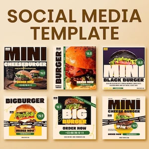 May include: A social media template featuring six square designs for burger promotions. Each design showcases a different burger, including mini cheeseburgers and black burgers, with prices and ordering information. The designs use a consistent color scheme.