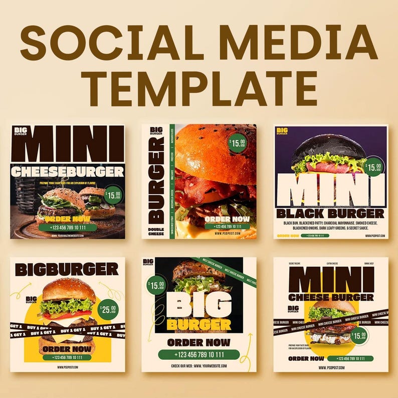 May include: A social media template featuring six square designs for burger promotions. Each design showcases a different burger, including mini cheeseburgers and black burgers, with prices and ordering information. The designs use a consistent color scheme.