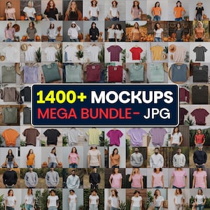 以下が含まれることがあります： さまざまなTシャツ、パーカー、それらを着用しているモデルのグリッド。画像には、白と赤で「1400+ MOCKUPS MEGA BUNDLE - JPG」というテキストが含まれています。シャツは白、黒、ピンクなど、さまざまな色があります。