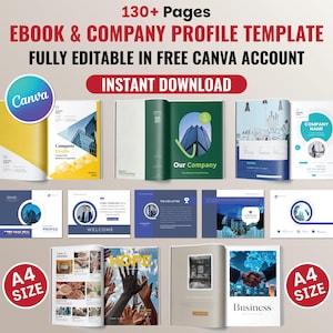 以下が含まれることがあります： 開かれた電子書籍と会社概要テンプレートのコレクション。テキストには「EBOOK & COMPANY PROFILE TEMPLATE」、「FULLY EDITABLE IN FREE CANVA ACCOUNT」、および「INSTANT DOWNLOAD」が含まれています。テンプレートは、建物やビジネス関連のグラフィックなど、さまざまなデザインを特徴としています。A4サイズが示されています。