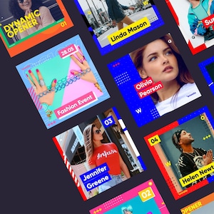 May include: A collection of colorful social media graphics with text overlays. The graphics feature images of people, text such as "Fashion Event", "Jennifer Greene", and "Olivia Pearson", and design elements like geometric shapes and numbers.