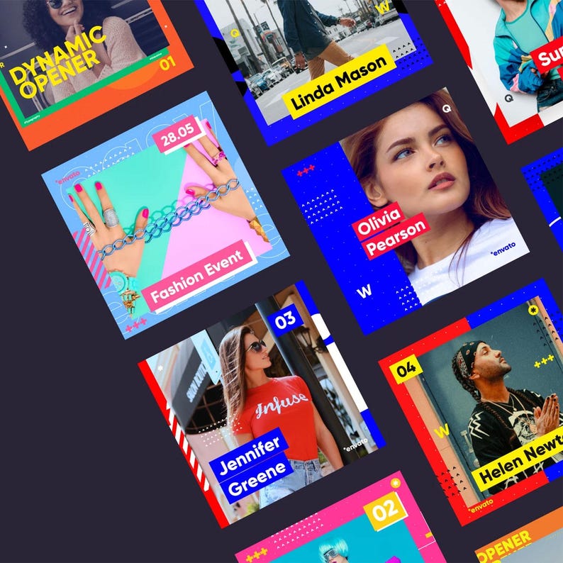 May include: A collection of colorful social media graphics with text overlays. The graphics feature images of people, text such as "Fashion Event", "Jennifer Greene", and "Olivia Pearson", and design elements like geometric shapes and numbers.