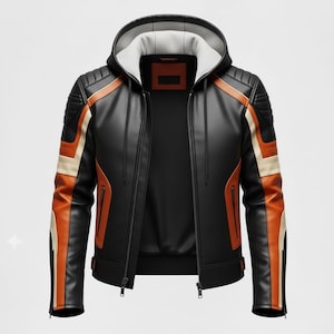 May include: Black leather jacket with a hood, featuring orange and cream-colored accents on the shoulders and sleeves. The jacket has a zip-up front and a ribbed hem. A stylish outerwear piece.