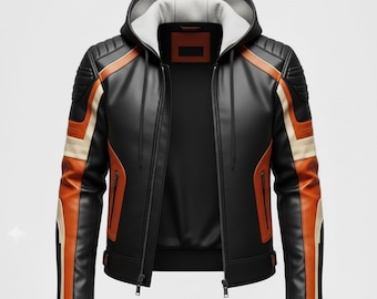 Men’s Black & Orange Hooded Leather Jacket | Biker Motorcycle Jacket | Stylish Winter Streetwear Coat