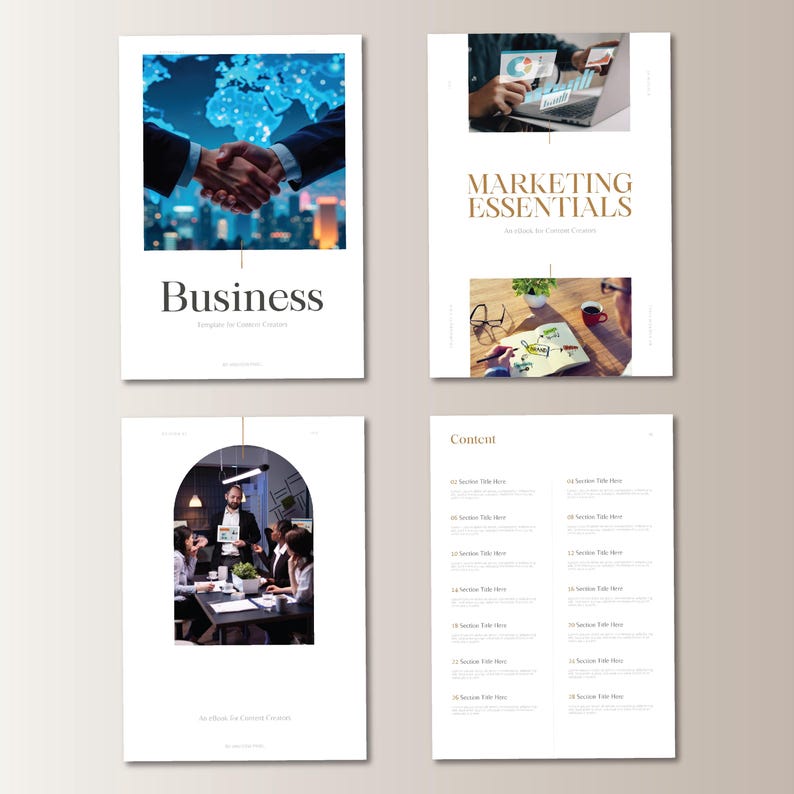 May include: A collection of four business-themed documents. The first features a handshake over a city skyline with the word "Business." The second displays "Marketing Essentials." The third shows a business meeting. The fourth is a content outline.