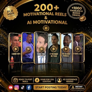 May include: An advertisement for motivational reels and AI motivation, featuring images of smartphones displaying videos of famous people. The text includes "200+ Motivational Reels & AI Motivational" and "Start Posting Today."