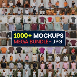 May include: A grid of various t-shirt mockups, including crew neck and v-neck styles, in a variety of colors. The image also features people wearing the shirts. Text on the image reads "1000+ MOCKUPS MEGA BUNDLE - JPG".