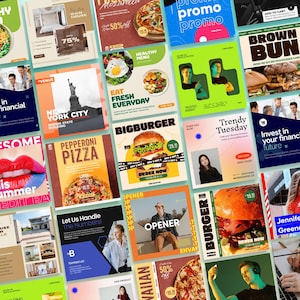 May include: A collage of social media posts featuring food, real estate, and financial services. The posts include images of pizza, burgers, and the New York City skyline. Some posts have text like "Pepperoni Pizza" and "Big Burger."