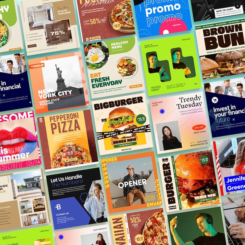 May include: A collage of social media posts featuring food, real estate, and financial services. The posts include images of pizza, burgers, and the New York City skyline. Some posts have text like "Pepperoni Pizza" and "Big Burger."