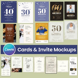 Puede incluir: Una colección de maquetas de invitaciones, incluyendo tarjetas de cumpleaños, bodas y eventos. Los diseños presentan tipografía elegante, fotos y elementos decorativos. Las tarjetas son de varios tamaños y estilos.