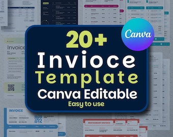 May include: A selection of invoice templates in different designs. The image shows a large blue rectangle with the text "20+ Invoice Template Canva Editable Easy to use" and a Canva logo. Several invoice examples are displayed in the background.