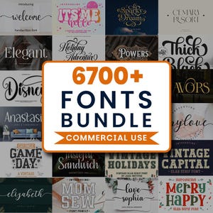 Peut inclure: Une collection de différents styles de polices, y compris des designs manuscrits, élégants et vintage. L'image présente un graphique central qui indique "6700+ FONTS BUNDLE COMMERCIAL USE". Les polices sont adaptées à divers projets de conception.