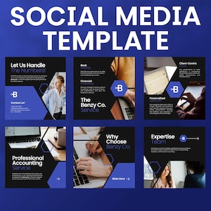 May include: A social media template with a dark blue gradient background. The template includes six square designs with text such as "Let Us Handle The Numbers!", "Bookkeeping", and "Professional Accounting Service". Each design features the Benzy Co. logo.