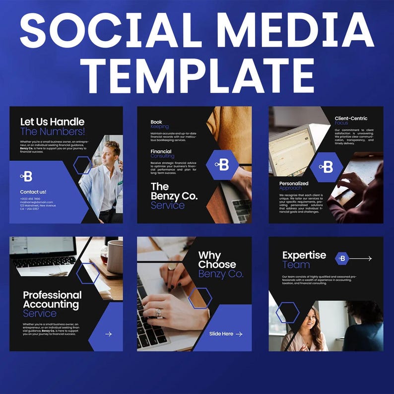 May include: A social media template with a dark blue gradient background. The template includes six square designs with text such as "Let Us Handle The Numbers!", "Bookkeeping", and "Professional Accounting Service". Each design features the Benzy Co. logo.