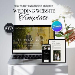 Könnte beinhalten: Eine Hochzeit Website-Vorlage, die auf einem Laptop, Tablet und Smartphone angezeigt wird. Das Website-Design zeigt ein Foto eines Paares und den Text "OLIVER & ANDREY" mit dem Hochzeitsdatum. Das Canva-Logo ist sichtbar.