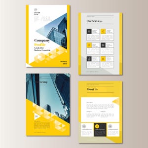 May include: A company profile brochure with a yellow and white design. The cover features the text "Company Profile" and "Catalyst for Business Expansion" with a geometric pattern and a photo of a building. The brochure includes sections on services and company information.