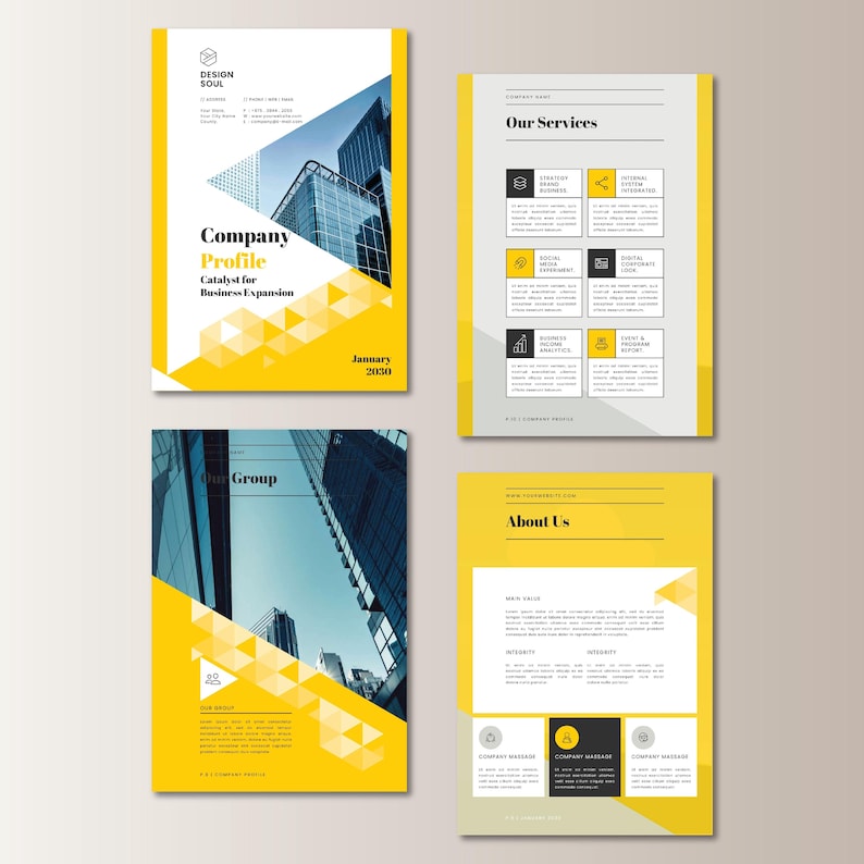 May include: A company profile brochure with a yellow and white design. The cover features the text "Company Profile" and "Catalyst for Business Expansion" with a geometric pattern and a photo of a building. The brochure includes sections on services and company information.
