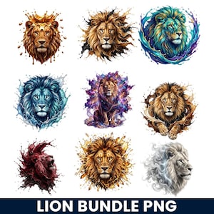 May include: A collection of nine digital illustrations of lions in various styles. The lions feature detailed manes and are depicted with splashes of color, crowns, and cosmic backgrounds. The text "LION BUNDLE PNG" is at the bottom.