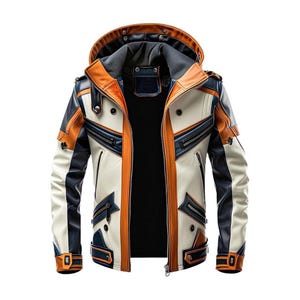 May include: A hooded jacket with a white base, accented with orange and navy blue panels. The jacket features a zipper closure, multiple pockets, and a contrasting black interior. The design includes a high collar and a hood.