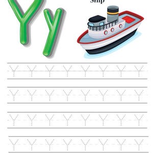 May include: A letter tracing worksheet with the title "Letter Tracing". The image features the letter "Y" in green, a ship illustration, and dotted lines for tracing the letter "Y".
