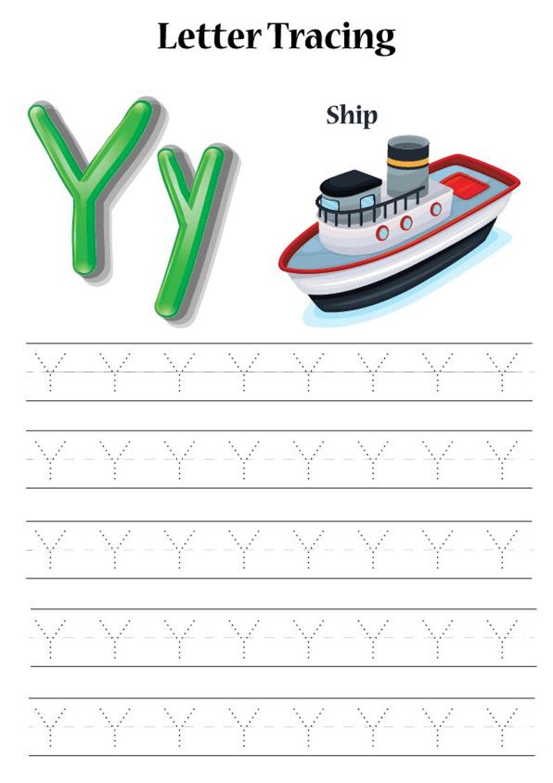 May include: A letter tracing worksheet with the title "Letter Tracing". The image features the letter "Y" in green, a ship illustration, and dotted lines for tracing the letter "Y".
