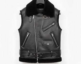 Leather Biker Vest, Shearling Collar, Punk Gothic Sleeveless Motorcycle Jacket