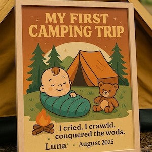 Lustiges personalisiertes Camping Poster - individuell gestaltetes druckbares Wandkunst-Bundle | Name & Datum | Baby, Haustier, Kaffee, saubere Toilette, introvertierte Designs
