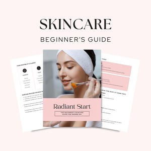Può includere: Una guida per principianti per la cura della pelle intitolata "Radiant Start" con il testo "La guida per la cura della pelle per donne 30+". L'immagine mostra una donna che riceve un trattamento viso, con informazioni sulla routine di cura della pelle.