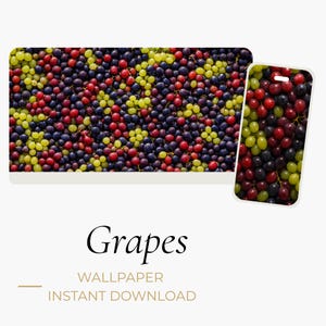 Könnte beinhalten: Ein digitaler Hintergrund und eine Handyhülle mit einem lebendigen Muster aus roten, violetten und grünen Trauben. Das Wort "Grapes" wird in eleganter Schrift angezeigt, darunter "Wallpaper" und "Instant Download".