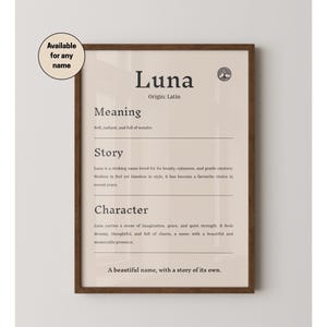 Op de afbeelding: Een ingelijste print met de naam "Luna" in een klassiek lettertype. De print bevat de oorsprong, betekenis, verhaal en karakter van de naam. De lijst is donkerbruin, de achtergrond lichtbeige.