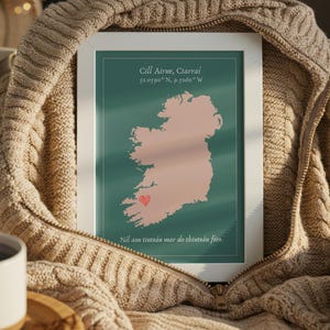 Custom Irish Map Coordinates Print – Personalised Location Wall Art with Town, County, GPS & Heart Marker, Irish Language Quote Gift