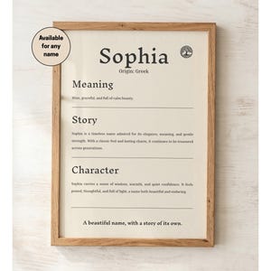 May include: A framed print featuring the name "Sophia" with its origin, meaning, story, and character traits. The print is in a wooden frame and includes the text "Available for any name".